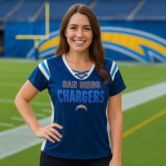NFL Women's San Diego Chargers Jersey Sequin Football Logo Shirt Pullover Tee - Picture 1 of 9